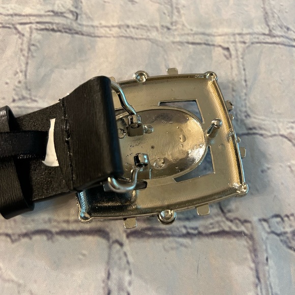 EMBELLISHED RHINESTONE COLORFUL BUCKLE OB BLACK LEATHER BELT WOMENS SIZE LARGE - Picture 4 of 10